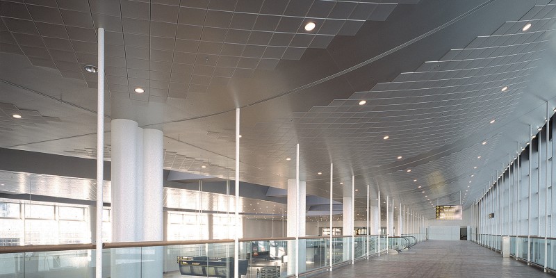 Copenhagen, CPH Airport. Clip-in Tile bevelled edge ceiling.